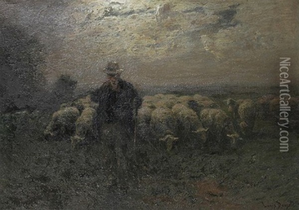 Sich Eine Pfeife Anzundender Schafer Mit Herde In Wolkenverhangener Mondscheinlandschaft Oil Painting - Louis Douzette