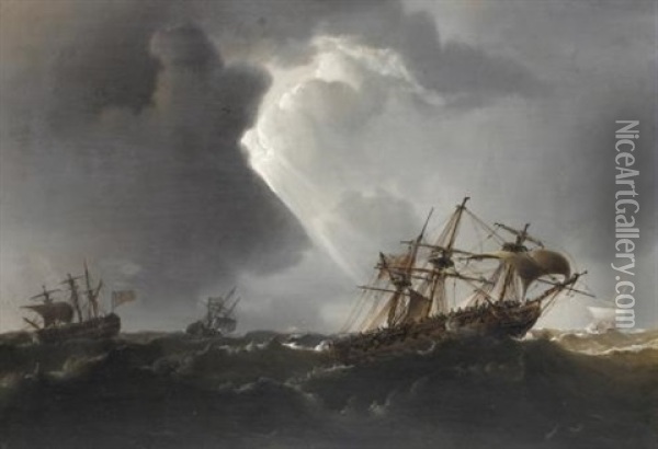 Men O'war In Heavy Swell Oil Painting - Thomas Luny