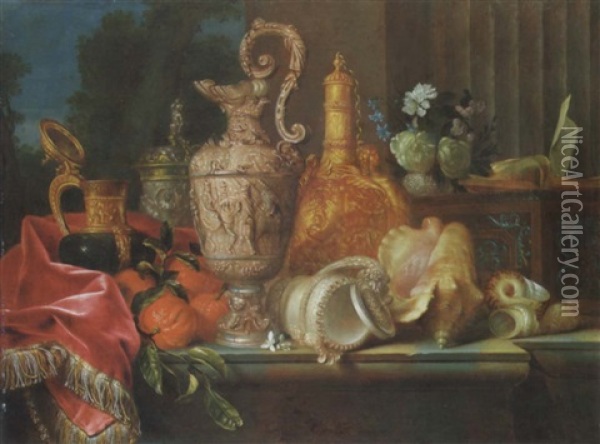 An Ornamental Silver Ewer, A Silver-gilt Cup And Cover, An Ornamental Stone And Gilt Flask, Shells, Flowers An D Other Objects On A Stone Ledge Against A Column, Wooded Landscape Beyond Oil Painting - Meiffren Conte