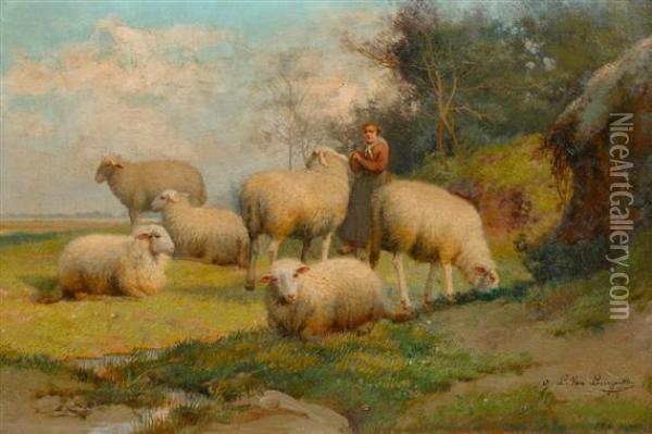 Landscape With Sheep And Maidservant. Oil Painting - Jef Louis Van Leemputten