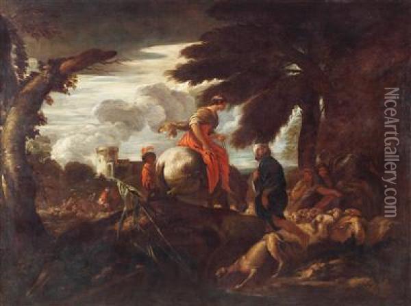 Die Begegnungzwischen Isaak Und Rebekka Oil Painting - Giovanni Francesco Castiglione