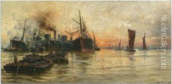 The 'atlas Iii' Coal Discharger On The Lower Thames, Owned By Wm Cory And Sons Oil Painting - Charles John de Lacy