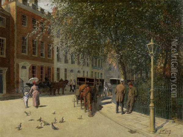 Street Scene With Figures By The Park Oil Painting - Eugene Galien-Laloue