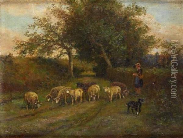 Bergere Et Ses Moutons Oil Painting - James Desvarreux-Larpenteur