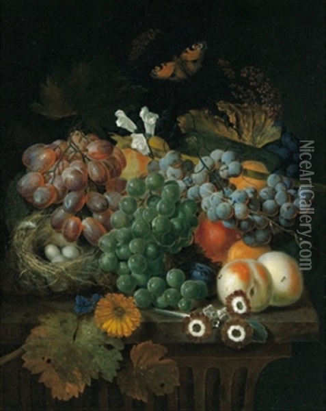 Stillleben Mit Weintrauben, Pfirsichen Und Blumen Sowie Einem Vogelnest Oil Painting - Jan Baptiste Govaerts