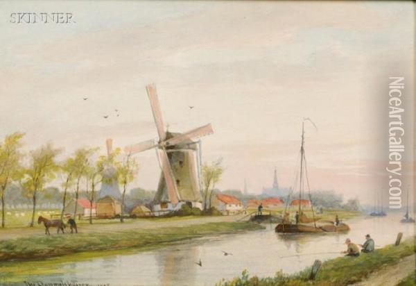 Fishing By The Windmill Oil Painting - Cornelis Christiaan Dommersen