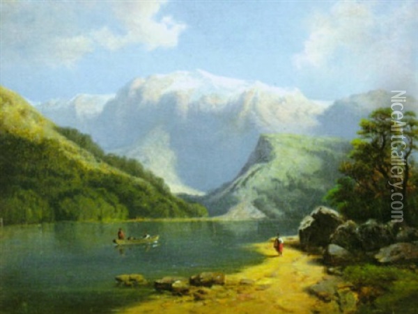 Fisherman On A Mountain Lake Oil Painting - Arseniy Ivanovich Meshchersky