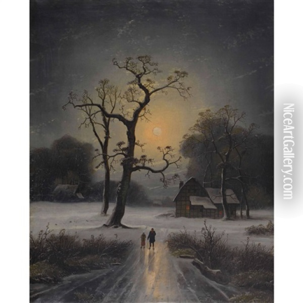Winterspaziergang Bei Vollmond Oil Painting - Johann Gustav Lange