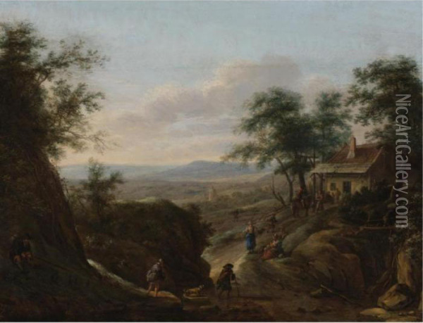 Extensive Landscape With Travelers On A Path And A Cottage In A Wood Oil Painting - Herman Saftleven