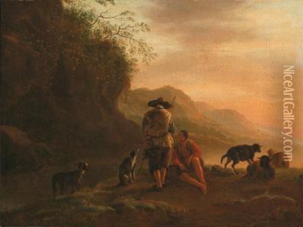 Pastori In Un Paesaggio Fluviale Montagnoso Oil Painting - Nicolaes Berchem