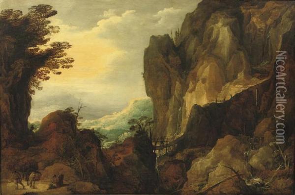 A Rocky Landscape With Travellers On A Path And Crossing A Bridge By A Waterfall Oil Painting - Joos De Momper