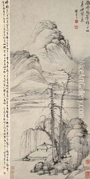 Trees Against Distant Mountains After Ni Zan Oil Painting - Li Liufang