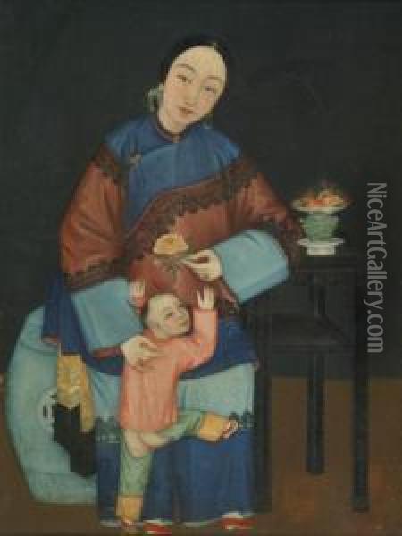 Lady Seated With Playful Child Oil Painting - Lam Qua