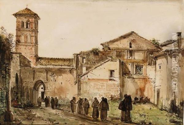 Monks Entering The Gate Of A Monastery Oil Painting - Francois-Marius Granet