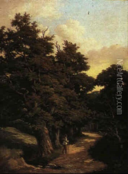 Figure On A Path In A Landscape Oil Painting - Hendrik Pieter Koekkoek