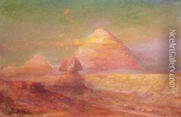 View Of The Sphinx And The Pyramids, Egypt Oil Painting - Lucien Whiting Powell