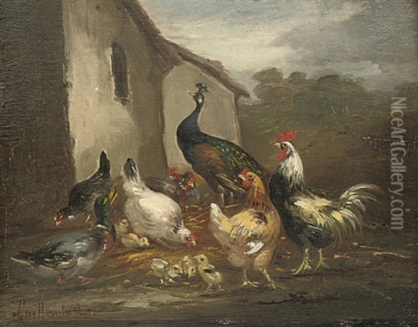 A Peacock, Hens And A Duck In A Farmyard (+ Ducks And Hens In A Farmyard; 2 Works) Oil Painting - Claude Guilleminet