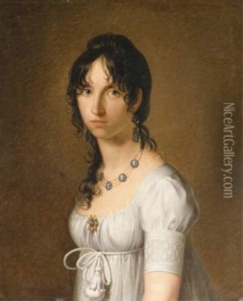 Portrait Of The Honorable Mrs. Pelham In A White Dress And Wearing Cameo Earings, A Necklace And Brooch Oil Painting - Jean Laurent Mosnier