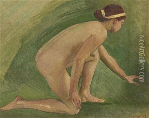 Kauernde, Unbekleidete Junge Frau Auf Grunem Grund Oil Painting - Charles Giron