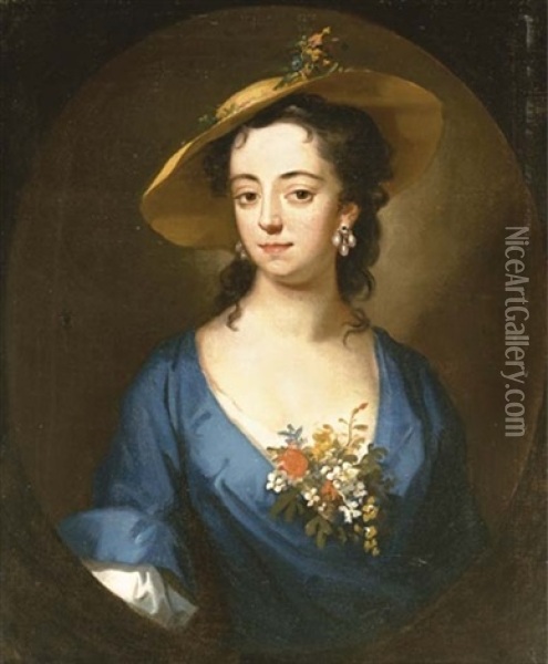 Portrait Of A Lady Wearing A Blue Silk Dress With A Spray Of Flowers And A Straw Hat Oil Painting - James Latham