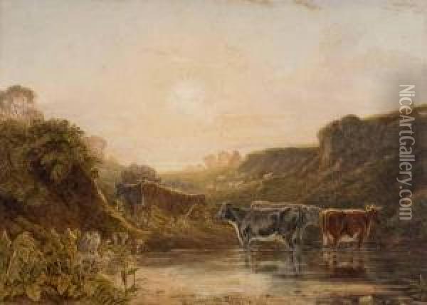 Cattle Watering Oil Painting - George Cuitt