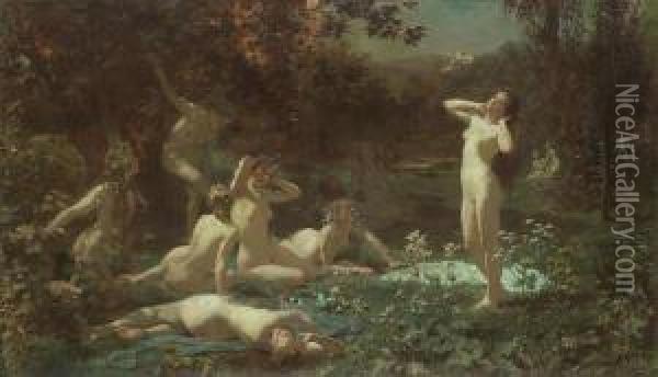 Wood Nymphs In The Moonlight Oil Painting - Julius Schmid