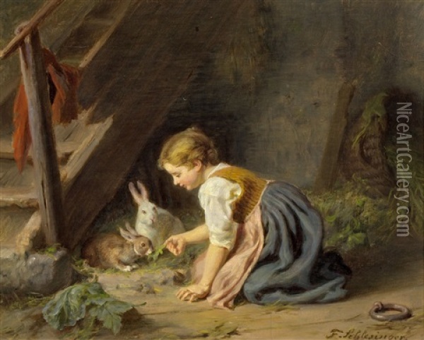 Madchen Mit Zwei Kaninchen Oil Painting - Felix Schlesinger