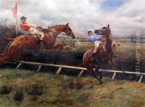 Jockeys Taking A Fence Oil Painting - Geoffrey Douglas Giles