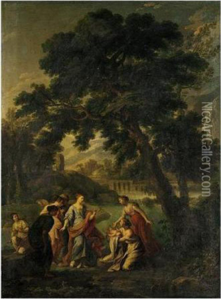 A Classical Landscape With The Finding Of Moses Oil Painting - Andrea Locatelli