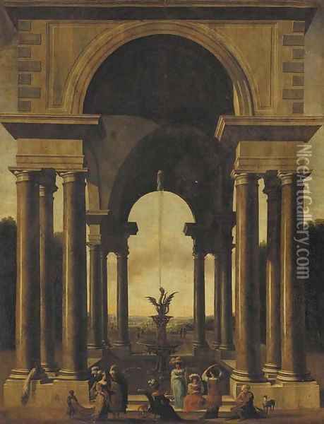 A classical portico with an elegant company gathered by a fountain Oil Painting - Jacobus Saeys