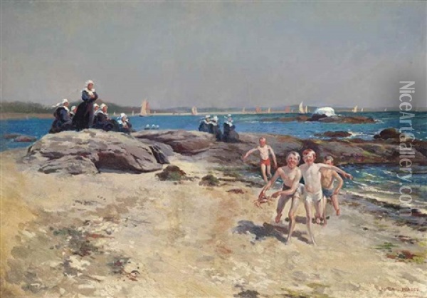 Children On The Beach At Concarneau, Brittany Oil Painting - Julio Vila y Prades