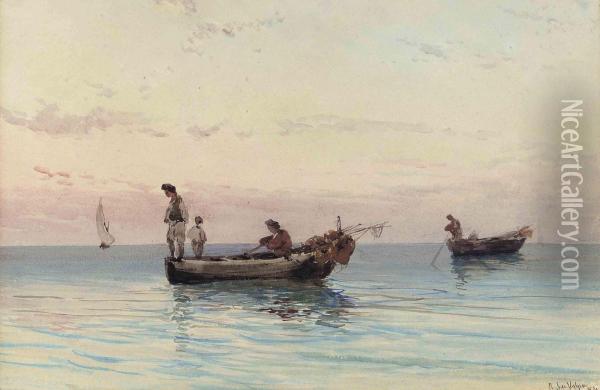 Neapolitan Fishermen On Still Waters At Dusk Oil Painting - Alessandro la Volpe