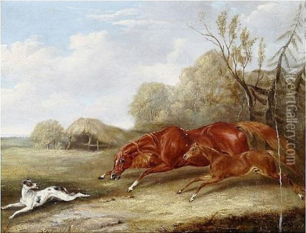 Horse, Foal And Hound In A Landscape Oil Painting - John Frederick Herring Snr