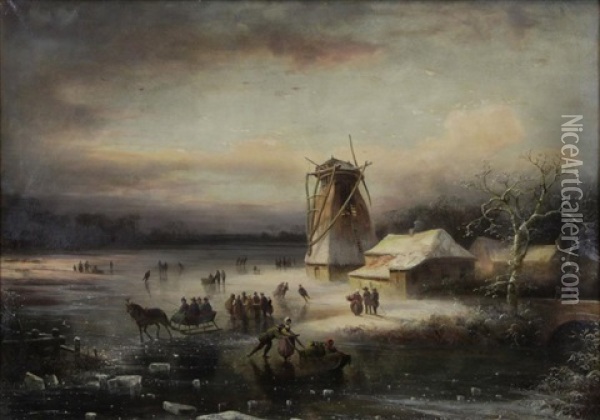 Winter Landscape With Figures On Ice Oil Painting - Andreas Schelfhout
