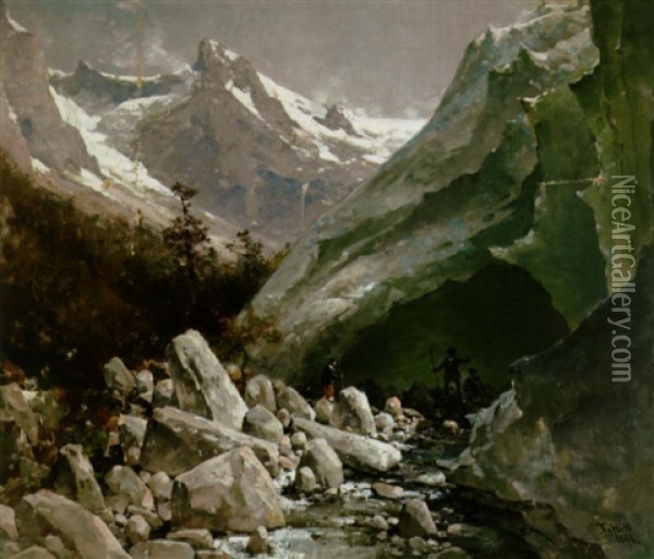 Figures At The Base Of An Alaskan Glacier Oil Painting - Thomas Hill