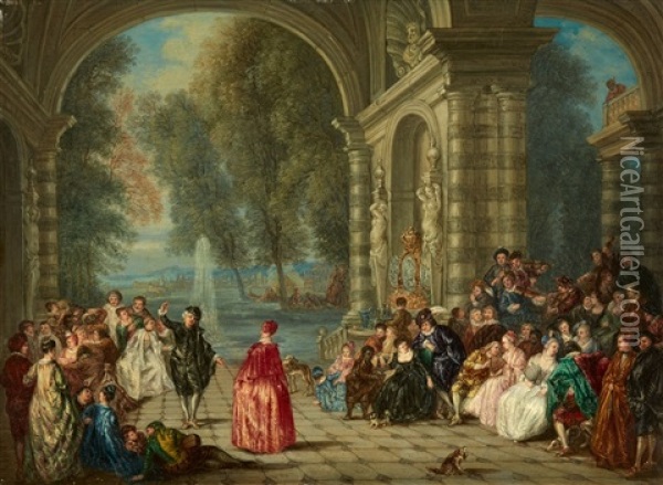 Fete Galante With Blind Man's Buff Fete Galante With Courtly Dancing Oil Painting - Jean-Antoine Watteau