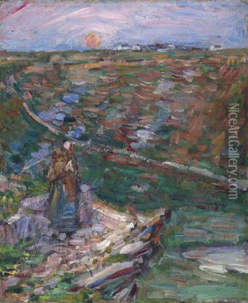 Breton Woman On A Cliff Top, Belle-ile Oil Painting - John Peter Russell