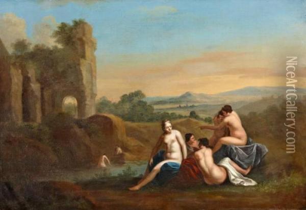 Badende Nymphen Bij Een Romeinse Ruine Oil Painting - Cornelis Van Poelenburch