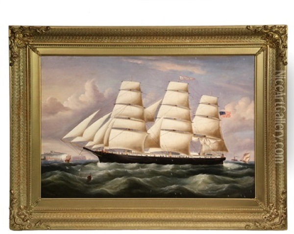 Ship's Portrait Of Three-mast Ship N. Boynton Approaching Dover Oil Painting - Richard B. Spencer