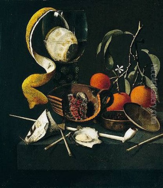 A Still Life Of A Peeled Lemon In A Roemer, An Oyster, A Pipe, Brazier And Oranges, All On A Stone Ledge Oil Painting - Martinus Nellius