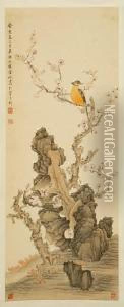 Exotic Bird In A Plum Tree Oil Painting - Jin Cheng