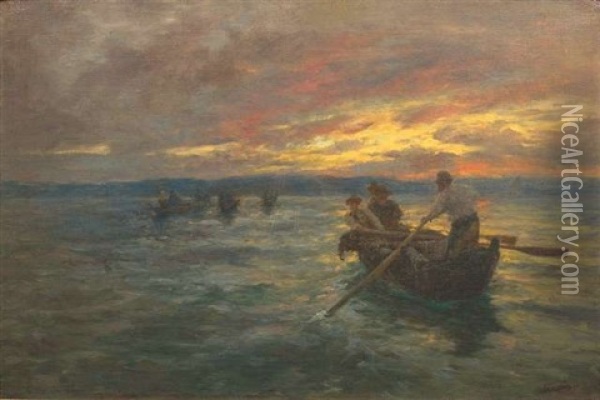 Abendstimmung Am Bodensee Mit Heimkehrenden Fischern Oil Painting - Albert Kappis