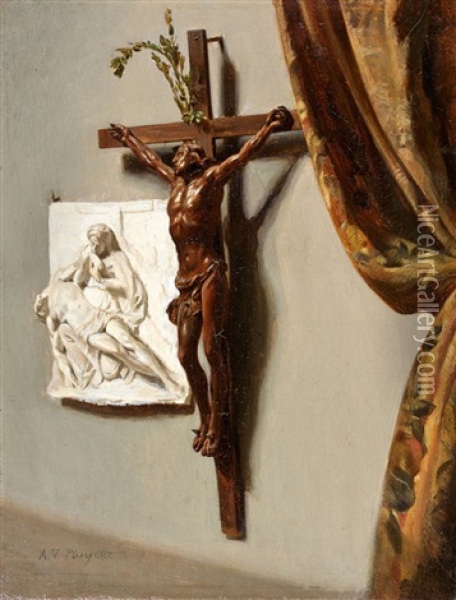 Trompe L'oeil Au Crucifix Et Au Bas-relief Oil Painting - Auguste-Victor Pluyette