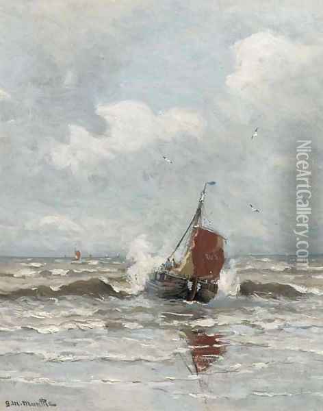 A bomschuit in the surf by Katwijk Oil Painting - Gerhard Arij Ludwig Morgenstje Munthe