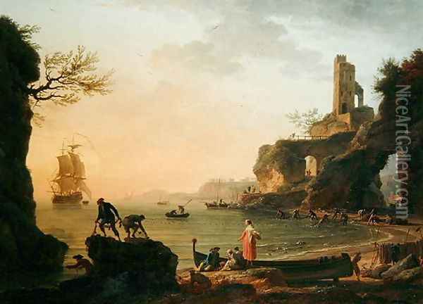 Sunset, Fishermen Pulling in Their Nets, 1760 Oil Painting - Claude-joseph Vernet