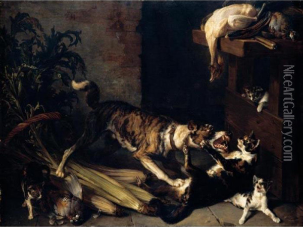 A Dog And A Cat Fighting In A Kitchen Interior Oil Painting - Alexandre-Francois Desportes