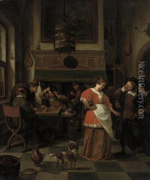 A Tavern Interior With Figures Playing A Game And A Dog Oil Painting - Jan Steen
