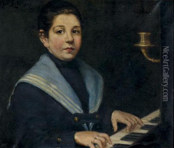 Menina Tocando Piano Oil Painting - Jose Leite