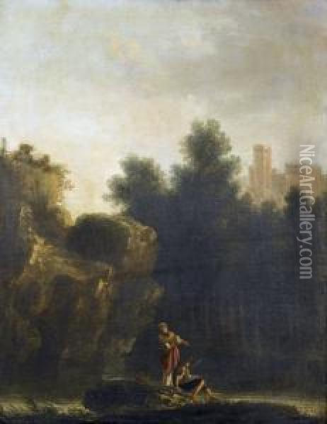 Idyllische Flussuferpartie Mit Anglern Und Burg Oil Painting - Adam Pynacker