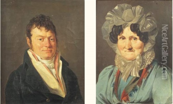 Portrait De Femme A La Robe Bleue (+ Portrait D'homme Au Gilet Rose; Pair) Oil Painting - Louis Leopold Boilly
